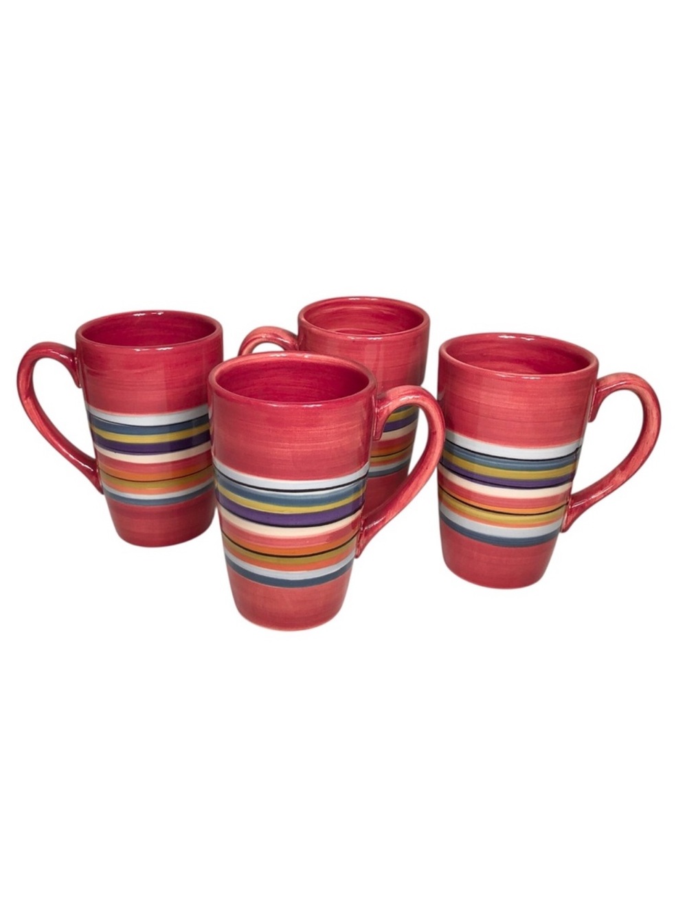 Tabletops Gallery Sedona Hand Painted Watercolor Ceramic Stripes Set of 4 Mugs